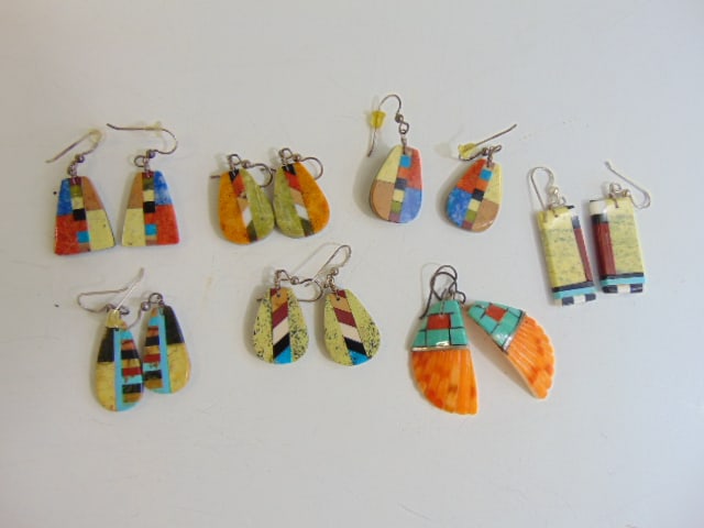 Jewelry. (7) pairs earrings including 5 pairs sgd. Ronald Chavez Native American multi stone inlay (1 of 4)