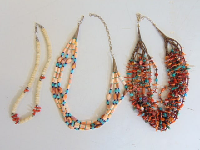Jewelry. (3) necklaces to include 10 strand multicolor turquoise nugget & spiny oyster w/ sterling (1 of 4)