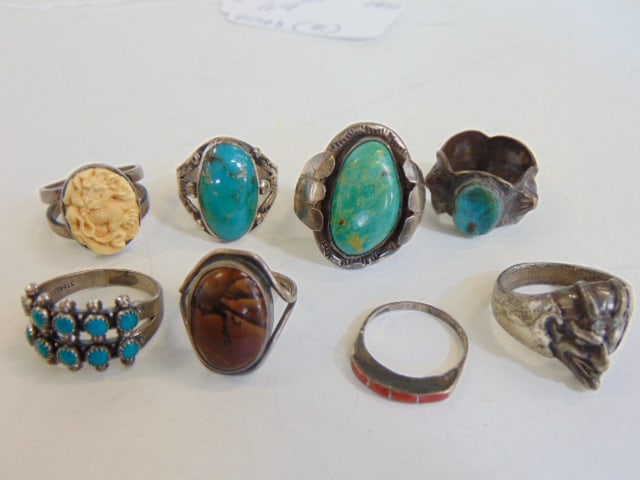 Jewelry. Collection of (8) sterling silver rings. Native American turquoise, Old pawn, coral, & (1 of 5)
