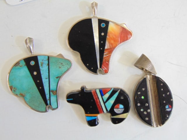Jewelry. (4) Inlaid stone sterling Native American pendants, two signed Royan sterling; one signed G (1 of 4)