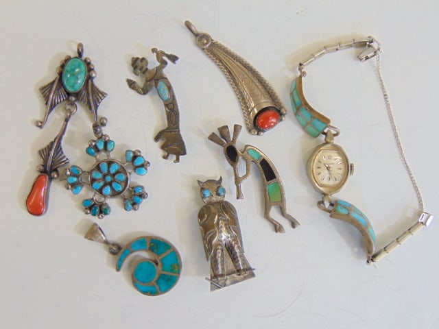 Jewelry. Collection of Native American sterling silver pcs to include (3) pendants turquoise, coral; (1 of 4)
