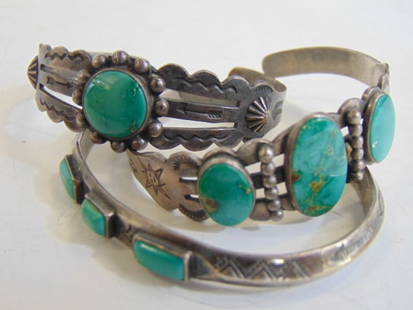 Jewelry. (3) Vintage Navajo Native American sterling silver turquoise cuff/bracelets w/ stampwork.: Jewelry. (3) Vintage Navajo Native American sterling silver turquoise cuff/bracelets w/ stampwork. 62.20 grams