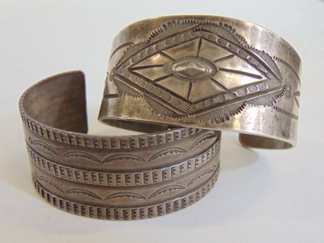 Jewelry. (2) Vintage Native American sterling silver wide cuff/bracelets w/ stampwork. 105 grams (1 of 4)