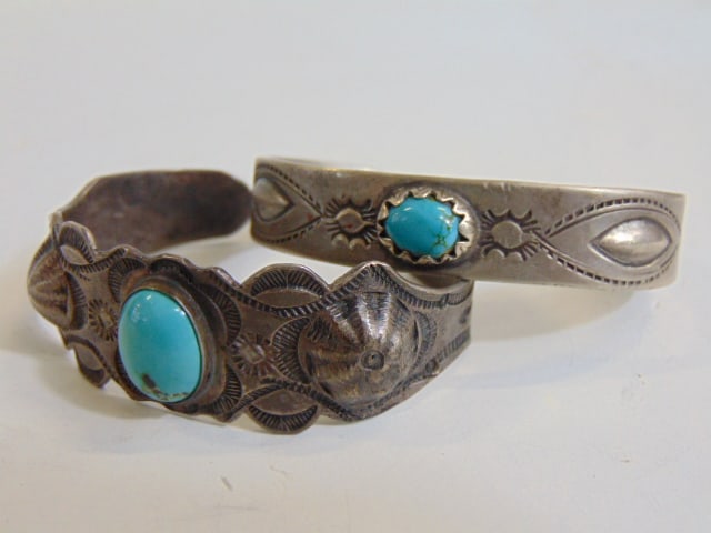 Jewelry. (2) cuffs/bracelets Old Pawn sgd. 1939 w/ hallmark depicting Indian Head, central oval (1 of 4)