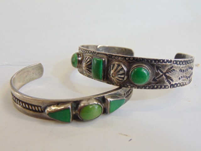 Jewelry. (2) Native American sterling silver cuff/bracelets green turquoise stones & stampwork. (1 of 3)