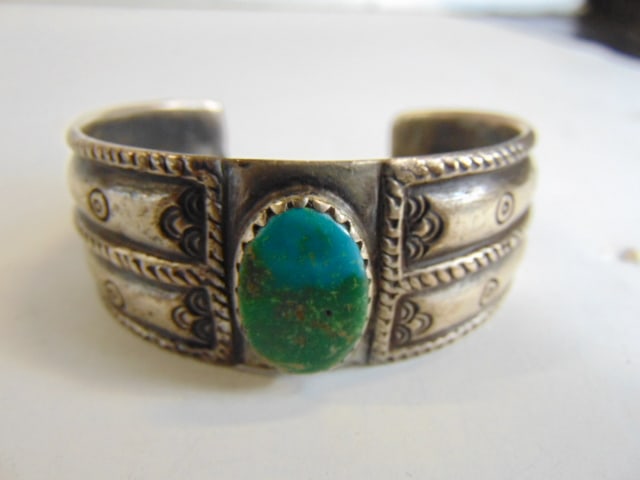 Jewelry. Old Pawn sterling turquoise cuff/bracelet, handmade bezel, circle design stampwork. 58.90 (1 of 3)