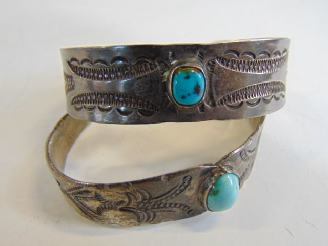 Jewelry. (2) Vintage Native American turquoise sterling silver stampwork cuff/bracelets, robins egg (1 of 4)
