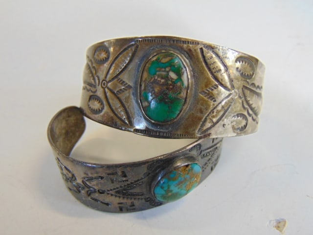 Jewelry. (2) Vintage Old Pawn Royston turquoise sterling silver cuff/bracelets with heavy stampwork. (1 of 4)