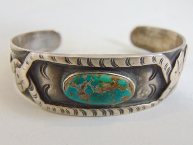Jewelry. Navajo Royston Turquoise textured snake sterling silver cuff/bracelet with oval central (1 of 4)