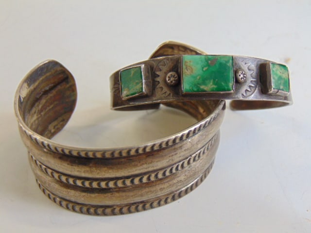 Jewelry. (2) Vintage Native American cuff/bracelets, wide double row design sterling cuff w/ (1 of 3)