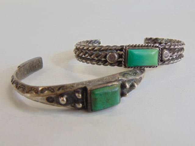 Jewelry. (2) Vintage Native American cuff/bracelets, heavy stampwork square green turquoise (1 of 4)