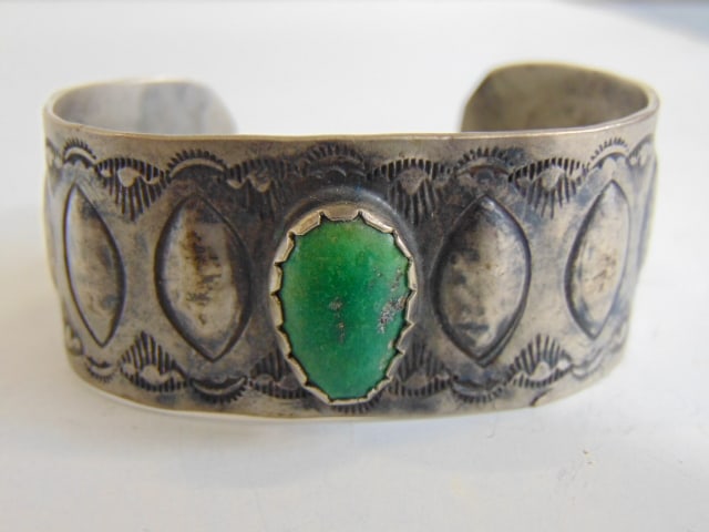 Jewelry. Old Pawn Navajo sterling cuff/bracelet green oval turquoise handmade bezel w/ stampwork. (1 of 4)