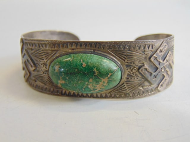 Jewelry. Vintage Native American green turquoise stone cuff/bracelet w/ ingot "whirling log" motif & (1 of 4)