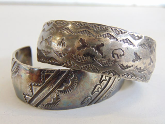 Jewelry. (2) Native American sterling silver stampwork cuff/bracelets. 72 grams (1 of 4)