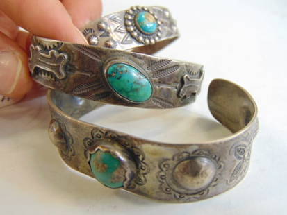 Jewelry. (3) Old Pawn turquoise cuffs/bracelets sterling silver, handmade bezel set round turquoise: Jewelry. (3) Old Pawn turquoise cuffs/bracelets sterling silver, handmade bezel set round turquoise stone; oval turquoise stone w/ dog motif; & round turquoise cuff w/ sterling bead design around