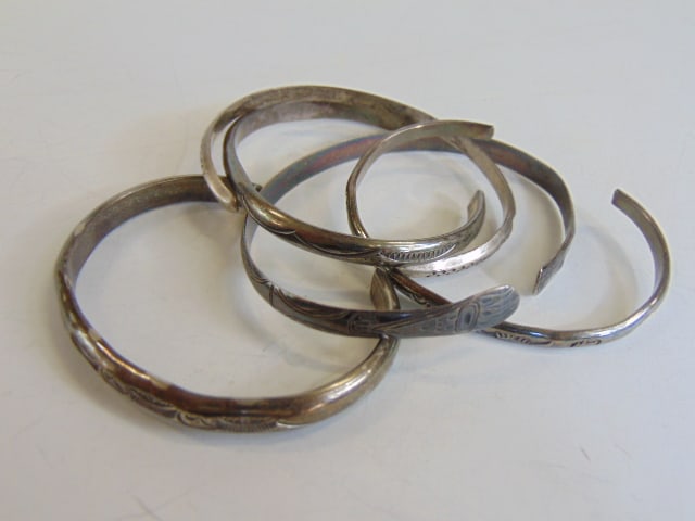 Jewelry. (5) thin Native American sterling silver cuff/bracelets. (1 of 4)