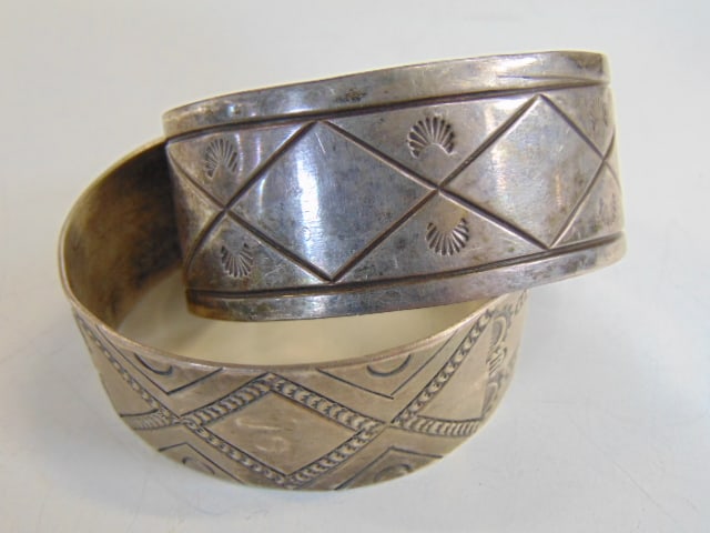 Jewelry. (2) Navajo Native American sterling silver cuff/bracelets, sgd. Ben Shorty 91 stampwork (1 of 4)