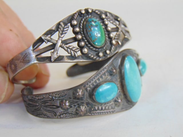 Jewelry. (2) Native American turquoise sterling silver cuff/bracelets, stampwork design on both (1 of 4)