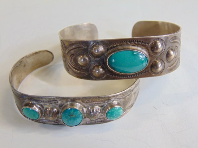 Jewelry. (2) Vintage Native American turquoise sterling cuff/bracelets, stampwork design on both, (1 of 3)