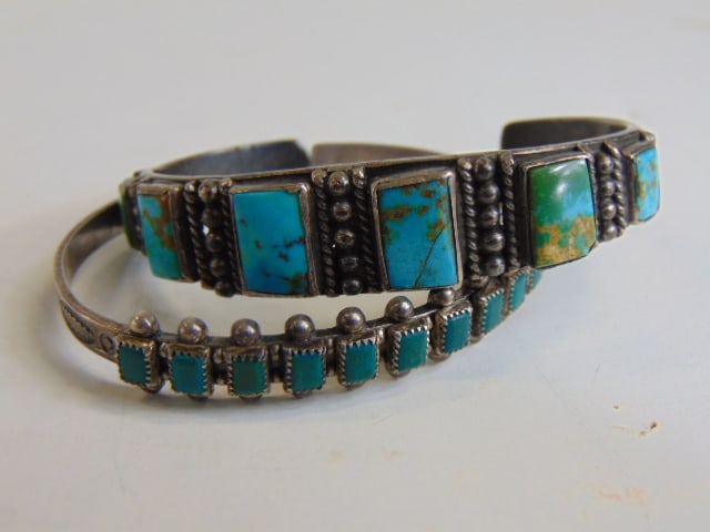 Jewelry. (2) Native American turquoise sterling cuff/bracelets, six stone square turquoise cuff, one (1 of 4)