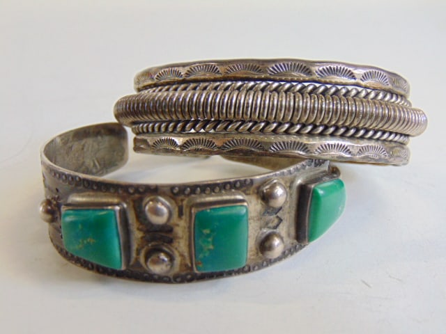 Jewelry. (2) Vintage Native American cuffs to include sterling silver double twist coil cuff w/ (1 of 4)