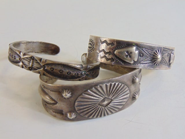 Jewelry. (3) Vintage Native American sterling silver cuff/bracelets, conch design, stampwork motif, (1 of 4)