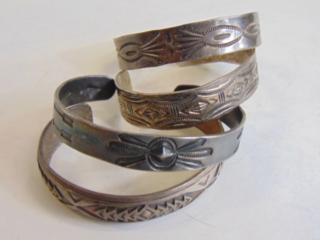 Jewelry. (4) Vintage Native American sterling silver cuff/bracelets, traditional; stampwork design (1 of 4)