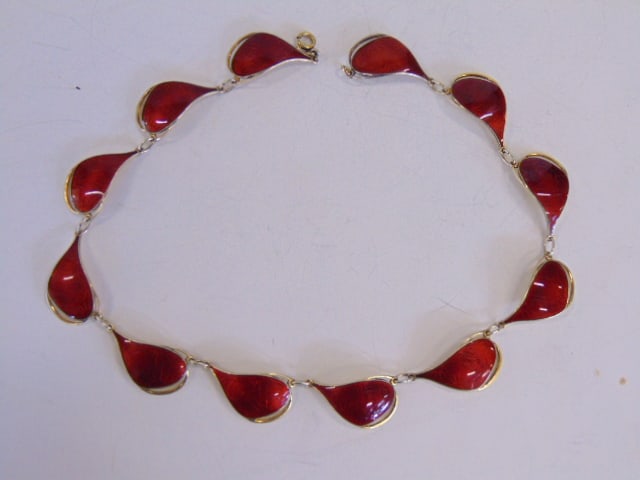 Jewelry. Vintage Ivar T. Holth Norway red enamel guilloche sterling silver necklace w/ gold wash. 12: Jewelry. Vintage Ivar T. Holth Norway red enamel guilloche sterling silver necklace w/ gold wash. 12 individual panels of enamel, 15' total length. good condition
