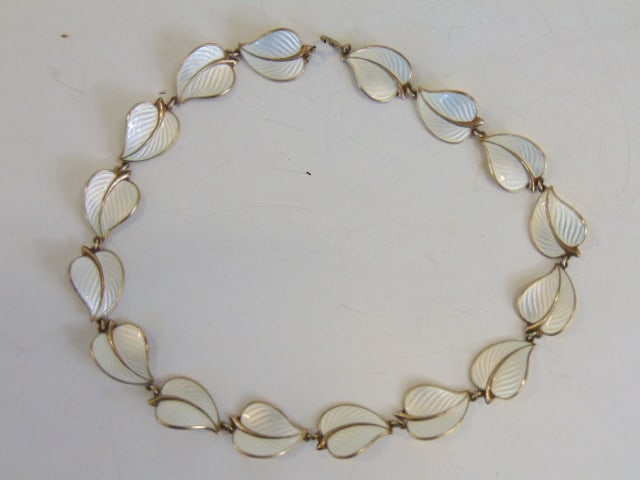 Jewelry. Vintage Hans Myhre Norway white enamel guilloche sterling silver leaf necklace, hallmark (1 of 3)