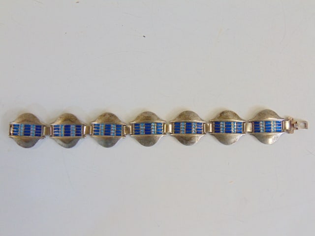 Jewelry. Vintage sgd. David-Andersen blue enamel sterling silver bracelet, 7 panels, 7 1/4" total (1 of 4)