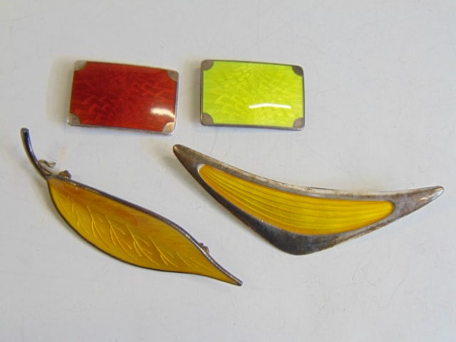 Jewelry. (4) piece lot (2) orange enamel guilloche sterling MEKA pins & (2) small square enamel (1 of 4)