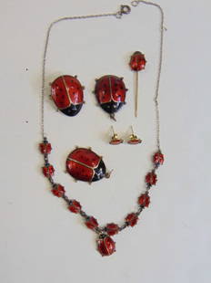 Jewelry. Collection of David Andersen Lady Bug enamel guilloche red & black, sterling silver. 1 pin,: Jewelry. Collection of David Andersen Lady Bug enamel guilloche red & black, sterling silver. 1 pin, 2 pendants, 1 necklace, 1 stick pin, & small pair of post earrings VB Volmer Bahner all in good con