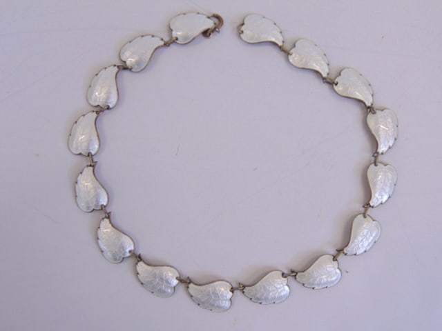 Jewelry. Vintage Ivar T. Holth Norway sterling silver white enamel guilloche leaf necklace, 16 (1 of 3)
