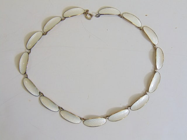Jewelry. David Andersen Willy Winnaess white enamel guilloche necklace, 15" total length, good: Jewelry. David Andersen Willy Winnaess white enamel guilloche necklace, 15" total length, good condition