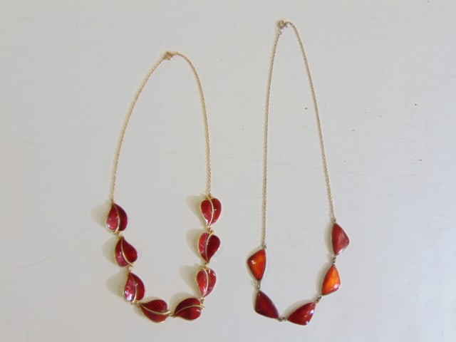 Jewelry. (2) Vintage red enamel guilloche necklaces gold wash, hallmark anchor Norway 8 panel leaf (1 of 4)