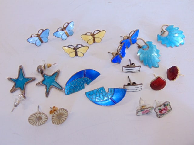Jewelry. Collection of enamel guilloche earrings 10 pairs total sterling silver, red shell & white (1 of 5)