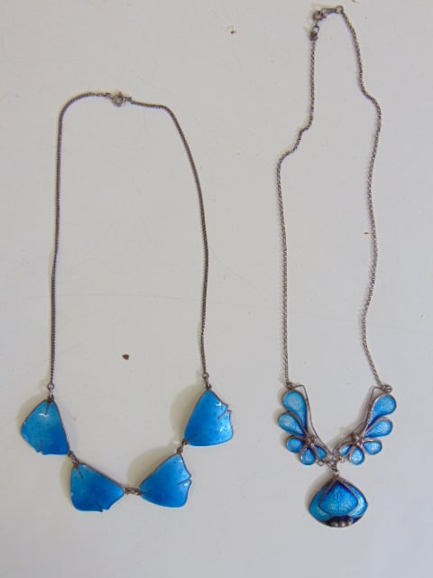 Jewelry. (2) Vintage blue enamel sterling silver necklaces, 4 panel Ivar T. Holth & sterling floral (1 of 5)