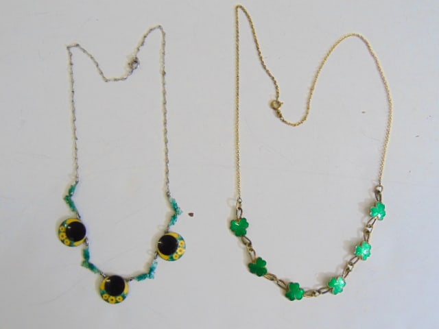 Jewelry. (2) Necklaces enamel & sterling silver. 6 panel green guilloche enamel sgd. OPRO sterling.: Jewelry. (2) Necklaces enamel & sterling silver. 6 panel green guilloche enamel sgd. OPRO sterling. & black & yellow enamel necklace sgd. sterling w/ hallmark E, good condition