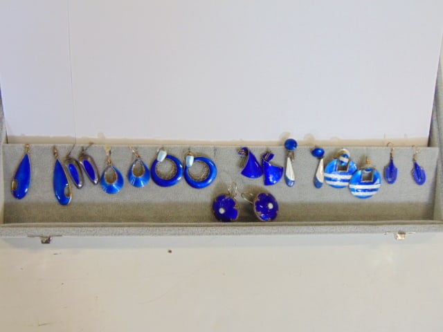Jewelry. Collection of 9 pairs of vintage earrings cobalt blue enamel guilloche sterling silver (1 of 4)