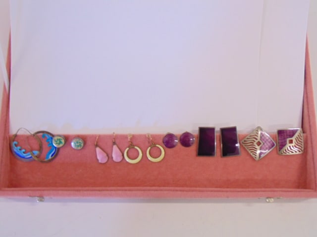 Jewelry. Collection of 7 pairs of vintage earrings purple, pink & other enamel guilloche sterling (1 of 5)