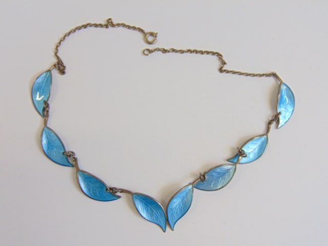 Jewelry. Vintage David Andersen blue enamel guilloche sterling silver leaf necklace, 16" total (1 of 4)