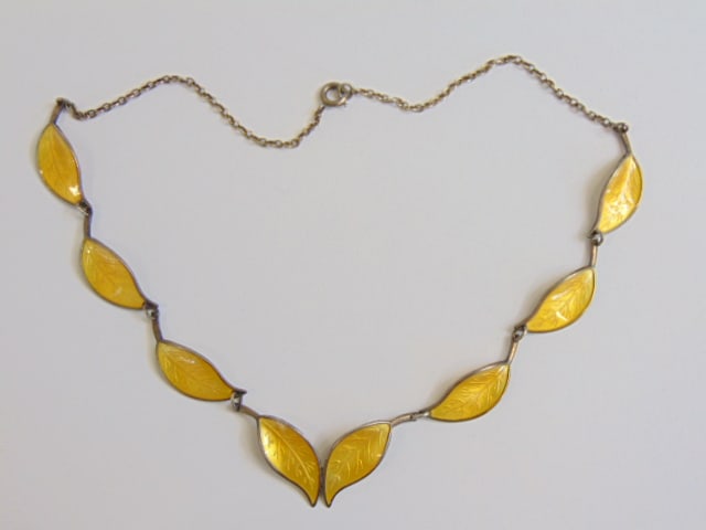 Jewelry. Vintage David Andersen Norway yellow enamel guilloche sterling silver necklace. 8 panels. (1 of 4)