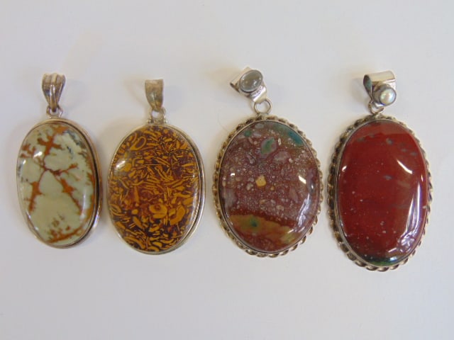 Jewelry. (4) Large hardstone sterling pendants w/ sterling bails, good condition, see photos for (1 of 4)