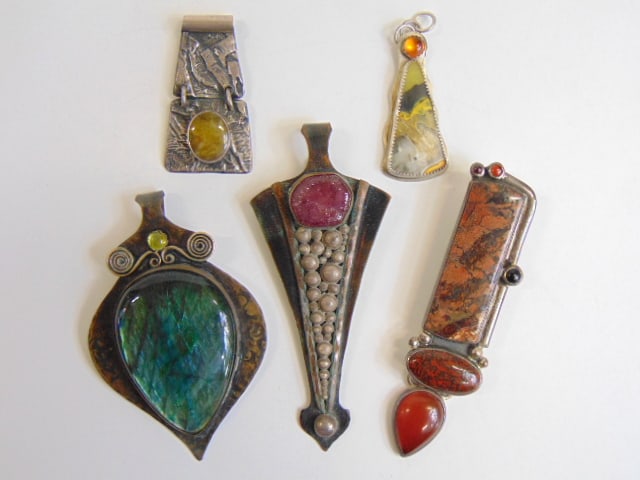 Jewelry. (4) Large artist signed pendants w/ hard stones, gemstones, sterling silver, copper, see (1 of 5)