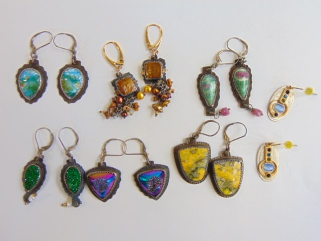Jewelry. Lot of (7) pairs of earrings, 6 pair sgd. Julie Shaw crystal gemstone artist earrings, & 1 (1 of 7)