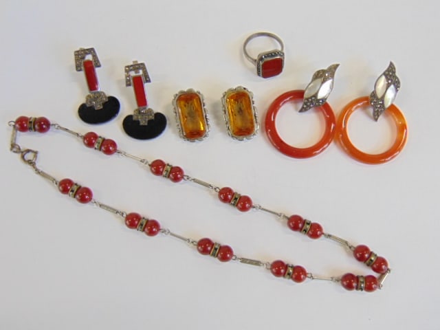 Jewelry. Collection of Vintage marcasite, carnelian, mother of pearl jewelry, intaglio clip (1 of 7)