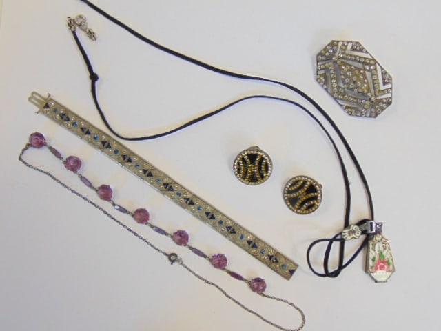 Jewelry. Collection of Vintage marcasite, enamel, rhinestone jewelry. 1pair earrings, 2 bracelets, 1: Jewelry. Collection of Vintage marcasite, enamel, rhinestone jewelry. 1pair earrings, 2 bracelets, 1 pin, & 1 necklace/locket opens