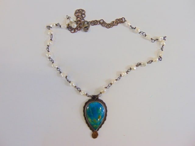 Jewelry. Julie Shaw signed 14k 925 sterling silver necklace w/ pearl & sterling chain, pendant blue (1 of 4)
