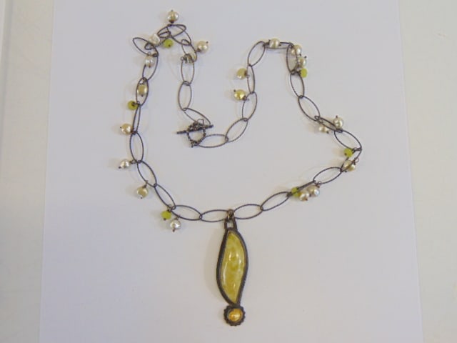 Jewelry. Julie Shaw signed sterling necklace/pendant, pearl & bead chain, yellowish set stone, good (1 of 4)