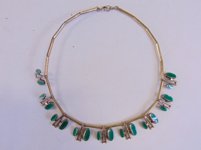 Jewelry. Albert Scharning Norway green enamel sterling silver necklace modernist design, gold wash (1 of 5)
